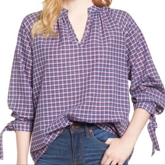Madewell Blue Red Tie-Sleeve Linen Blend Top in Whitby Plaid Size Small - Picture 2 of 12